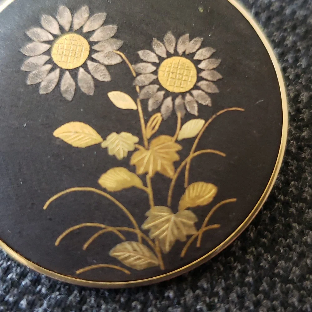 Vintage Damascene Amita Black and Gold Inlay Brooch Pin Pendant